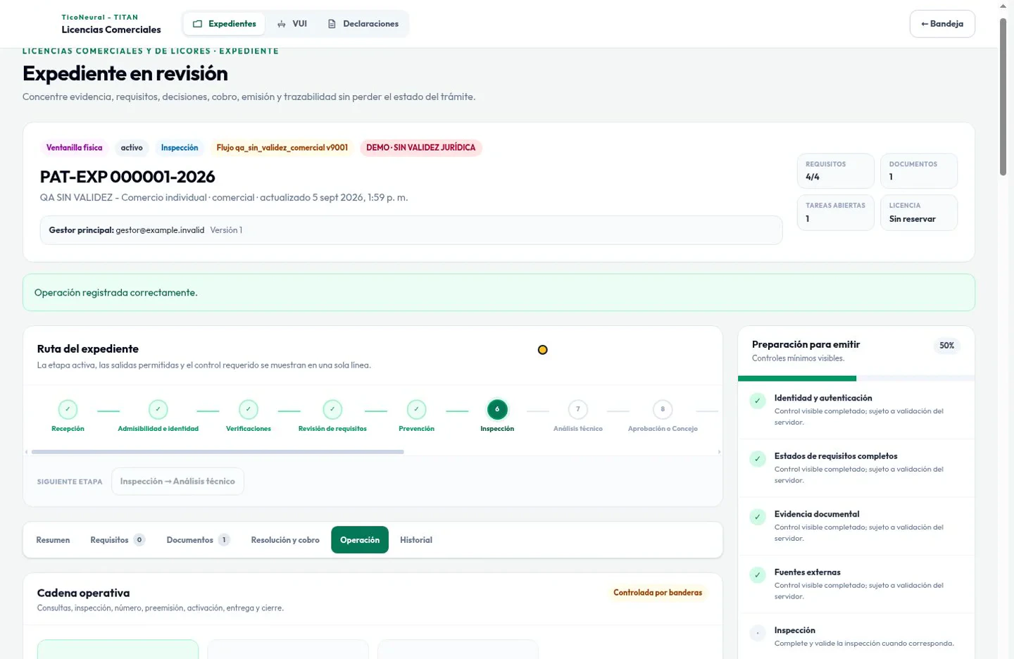 Demostración sintética de TITAN mostrando la ruta de un expediente regulado y sus controles operativos