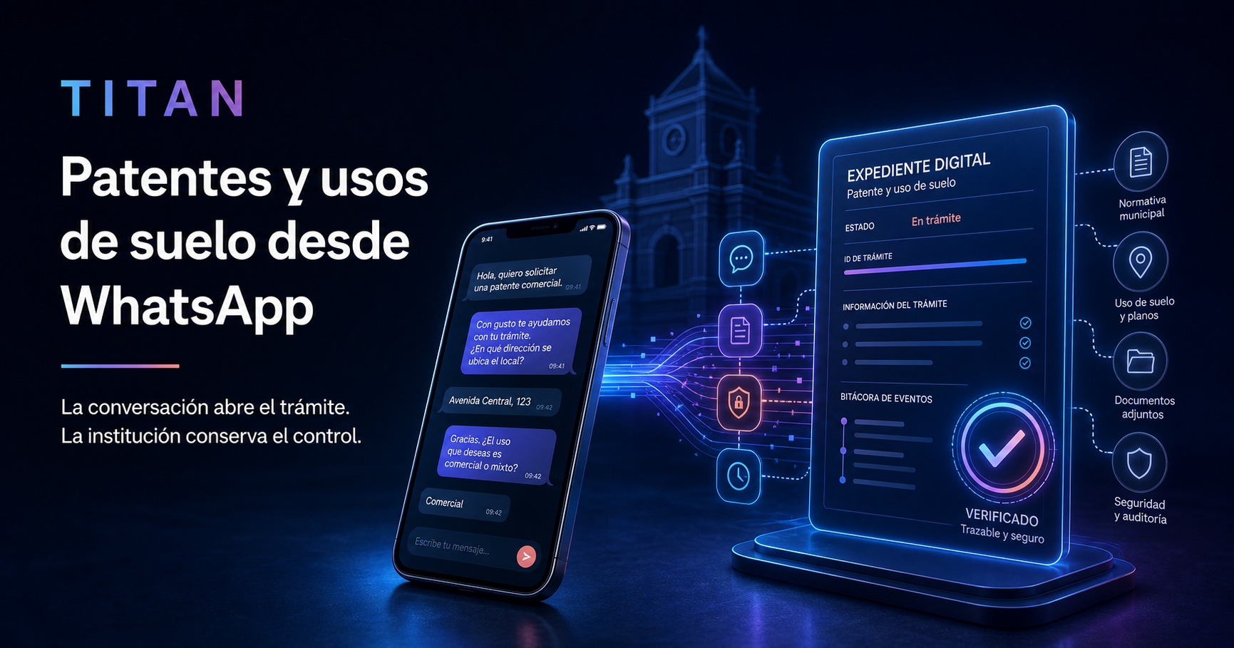 Ilustración editorial de TITAN conectando una conversación con un expediente municipal digital